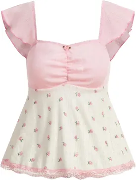 SHENHE Women's Floral Lace Trim Sweetheart Neckline Cap Sleeve Ruffle Peplum Cute Top