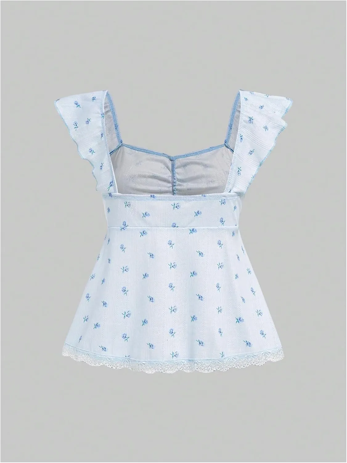 SHENHE Women's Floral Lace Trim Sweetheart Neckline Cap Sleeve Ruffle Peplum Cute Top