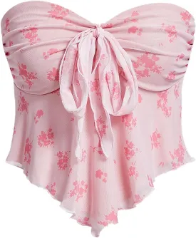 SHENHE Women's Floral Strapless Tie Front Lettuce Trim Asymmetrical Flare Boho Tube Top