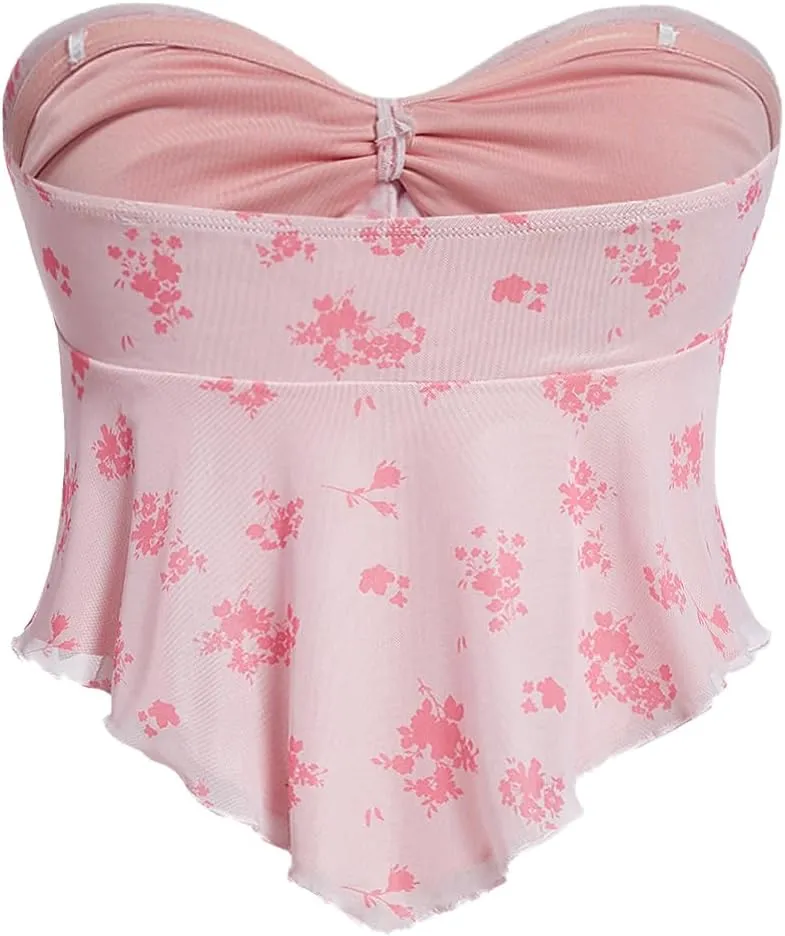 SHENHE Women's Floral Strapless Tie Front Lettuce Trim Asymmetrical Flare Boho Tube Top