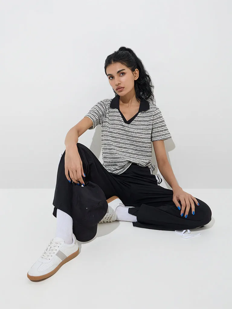 Studiofit Black Stripe Printed Cotton-Blend Polo T-Shirt