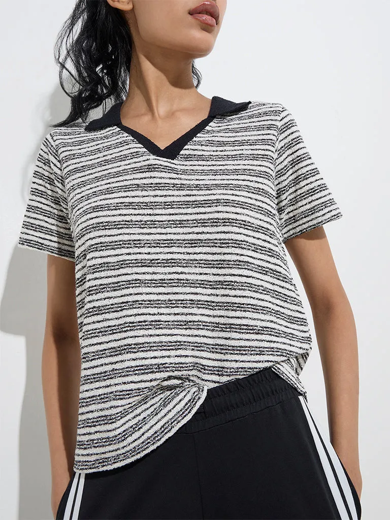 Studiofit Black Stripe Printed Cotton-Blend Polo T-Shirt