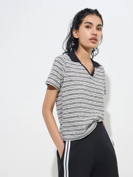 Studiofit Black Stripe Printed Cotton-Blend Polo T-Shirt