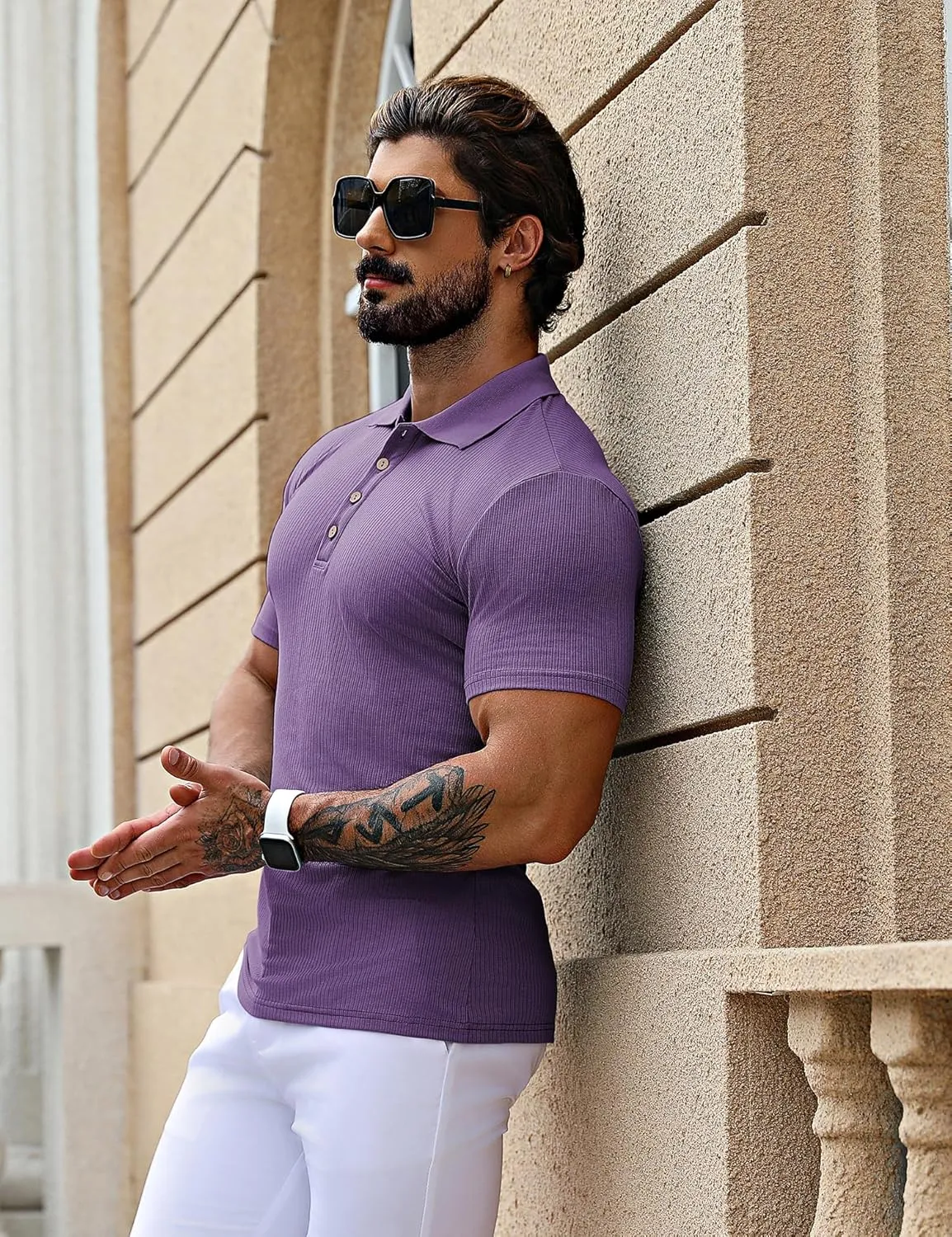 URRU Men's Muscle T Shirts Stretch Short Sleeve Workout Tee Casual Slim Fit Polo Shirt