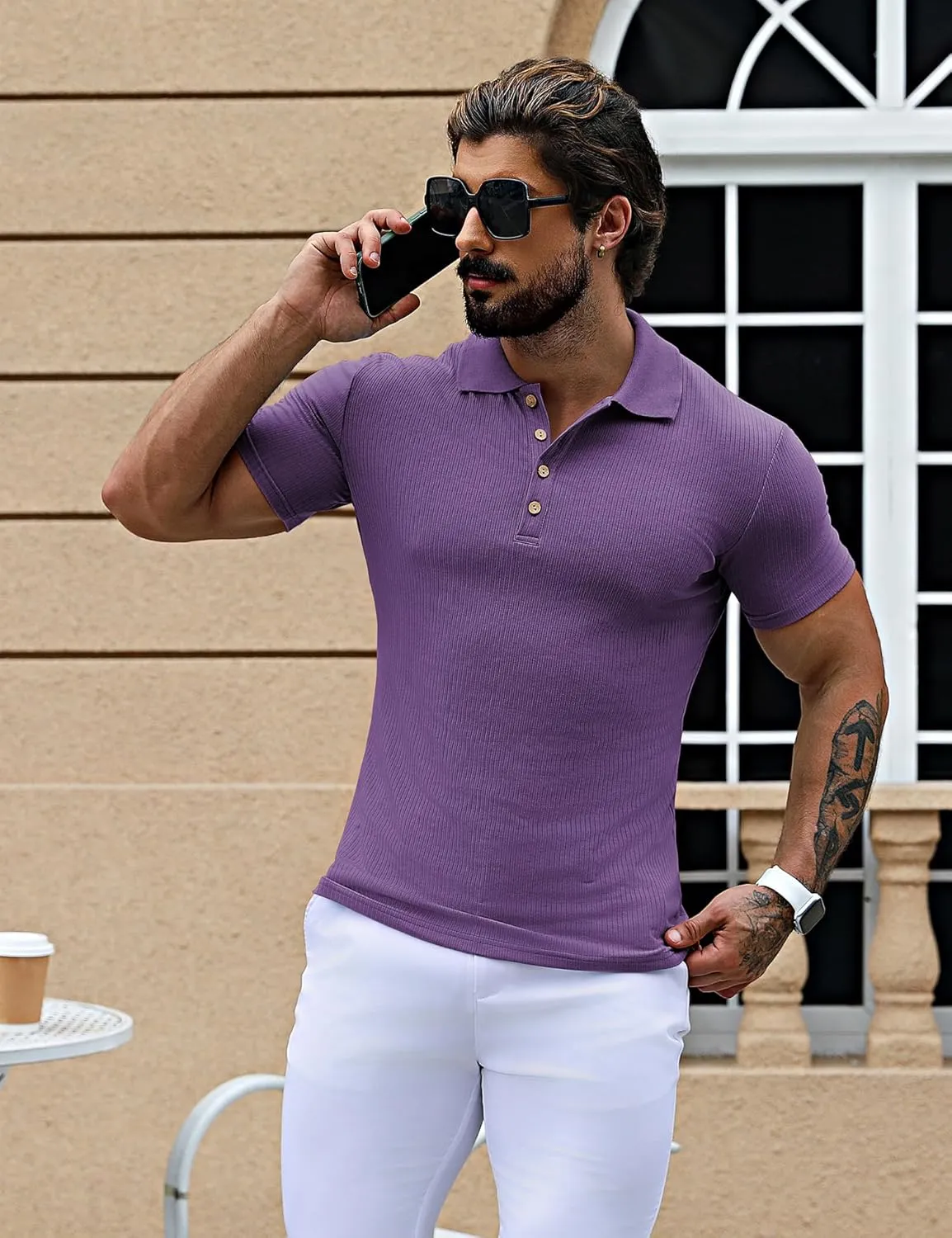 URRU Men's Muscle T Shirts Stretch Short Sleeve Workout Tee Casual Slim Fit Polo Shirt