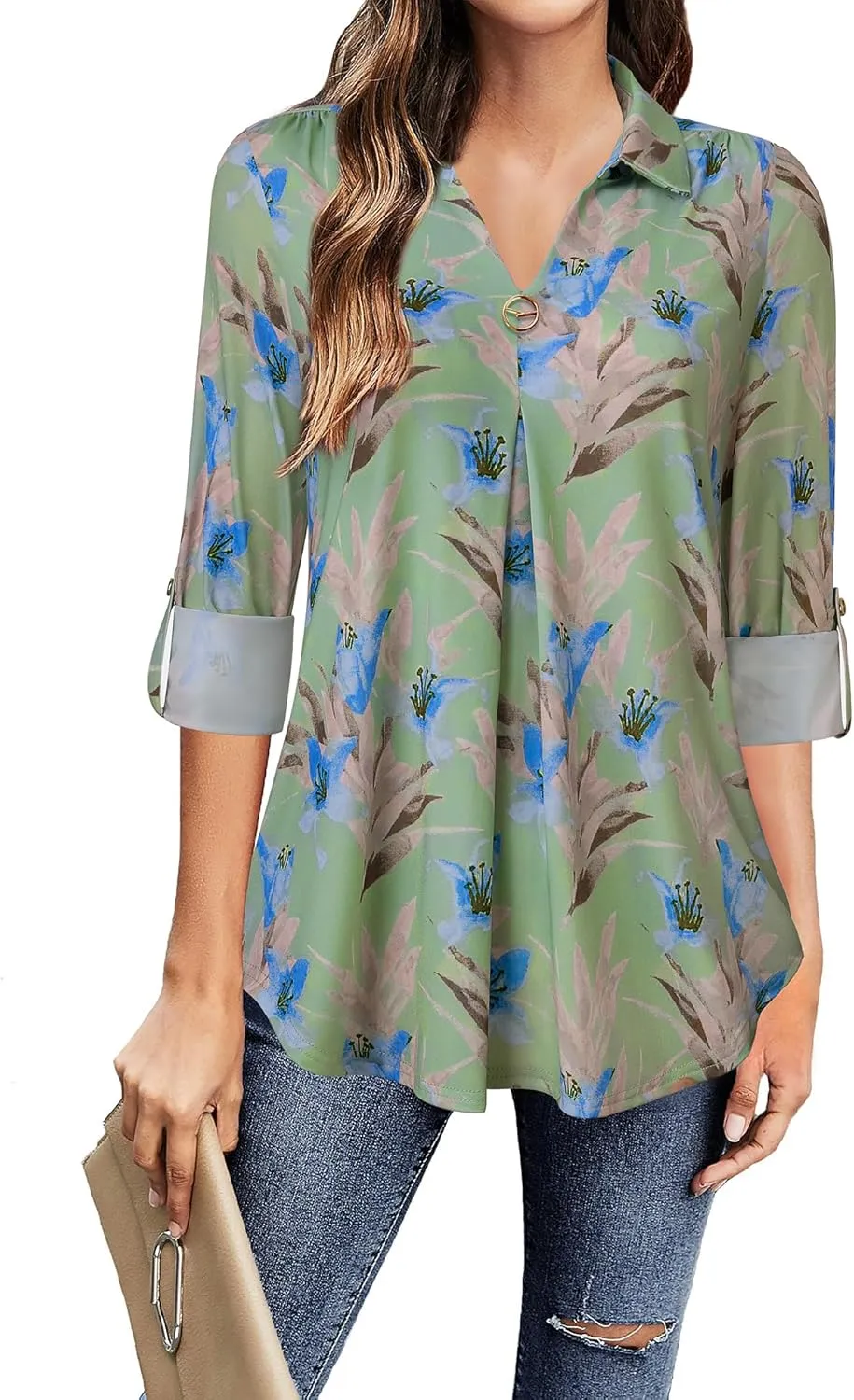VALOLIA Womens Roll Up 3/4 Sleeve Shirts Collared V Neck Business Casual Tops Loose Work Blouses