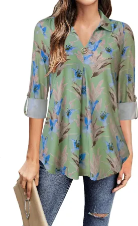VALOLIA Womens Roll Up 3/4 Sleeve Shirts Collared V Neck Business Casual Tops Loose Work Blouses