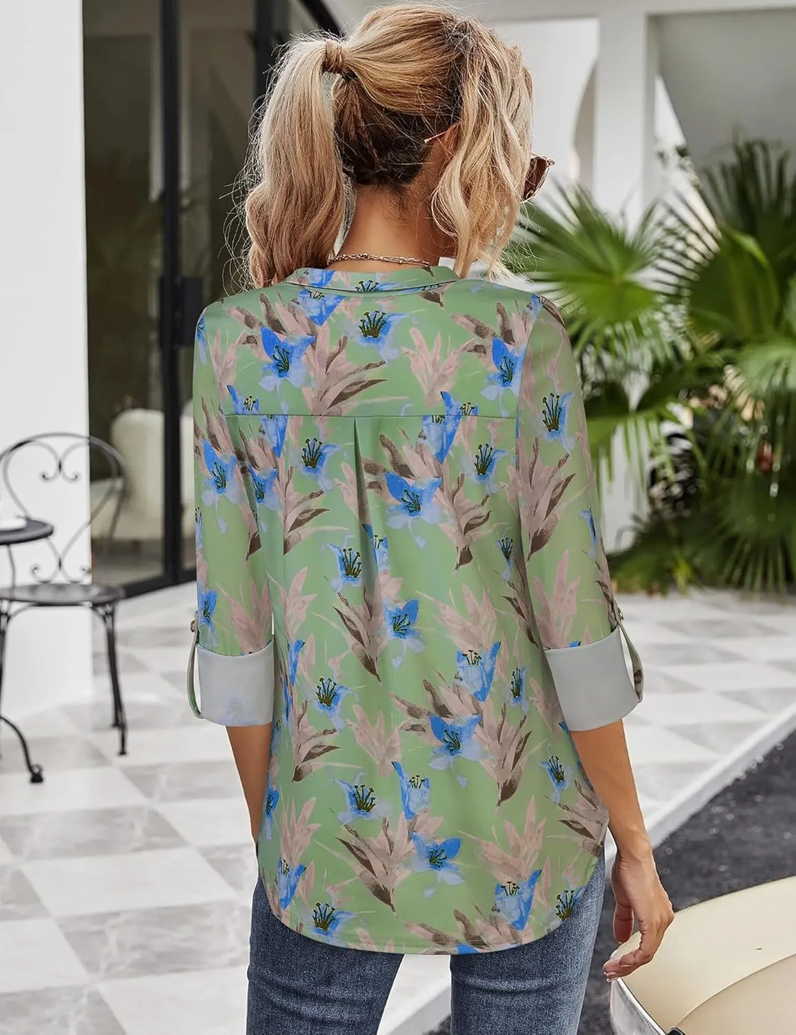 VALOLIA Womens Roll Up 3/4 Sleeve Shirts Collared V Neck Business Casual Tops Loose Work Blouses
