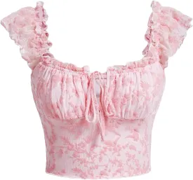 Verdusa Women's Floral Print Tie Front Ruched Sweetheart Neck Cap Sleeve Crop Blouse Top