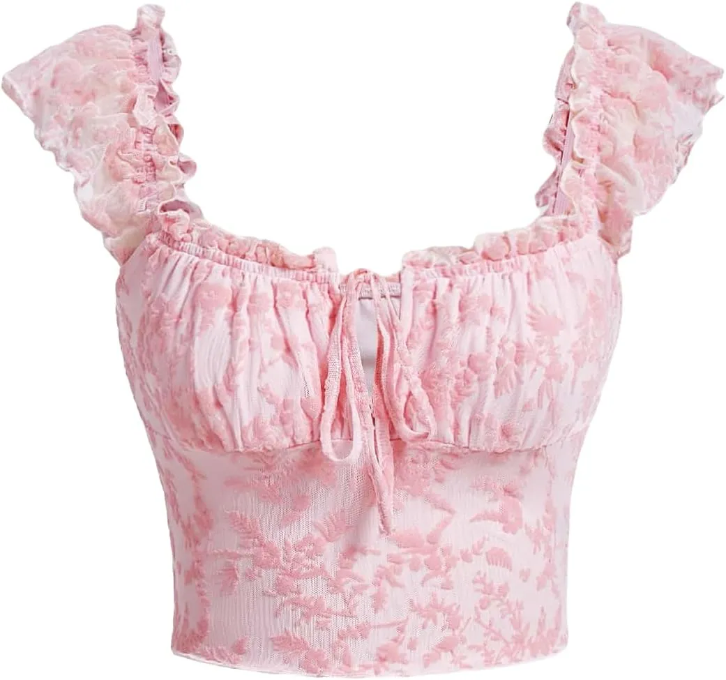 Verdusa Women's Floral Print Tie Front Ruched Sweetheart Neck Cap Sleeve Crop Blouse Top