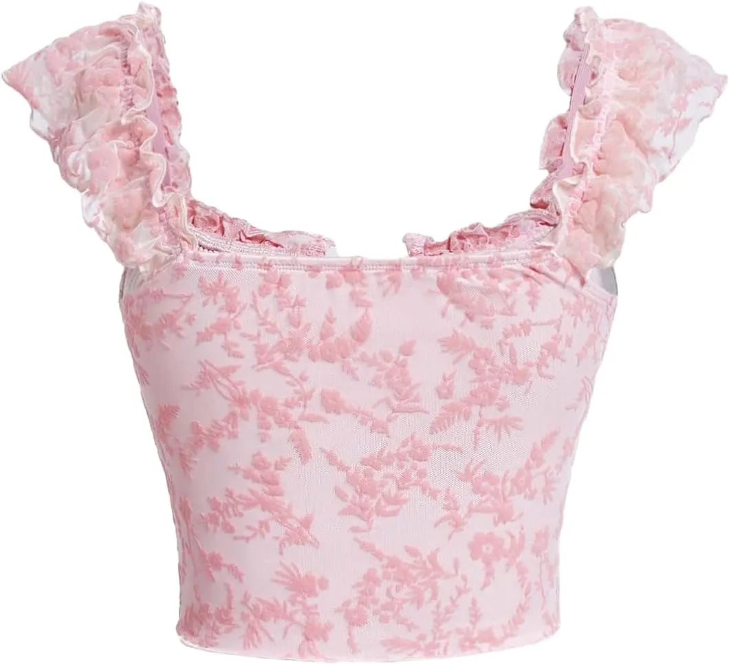 Verdusa Women's Floral Print Tie Front Ruched Sweetheart Neck Cap Sleeve Crop Blouse Top
