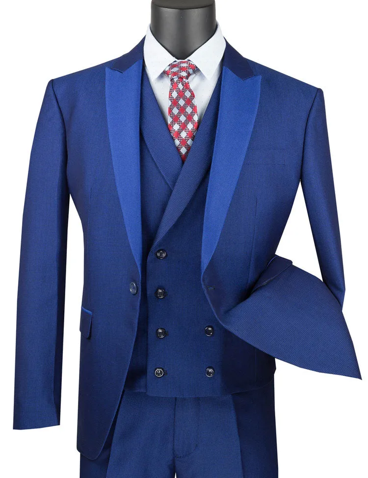 Vinci Slim Fit 3 Piece Suit 1 Button with Double Breasted Vest (Blue) SV2R-6