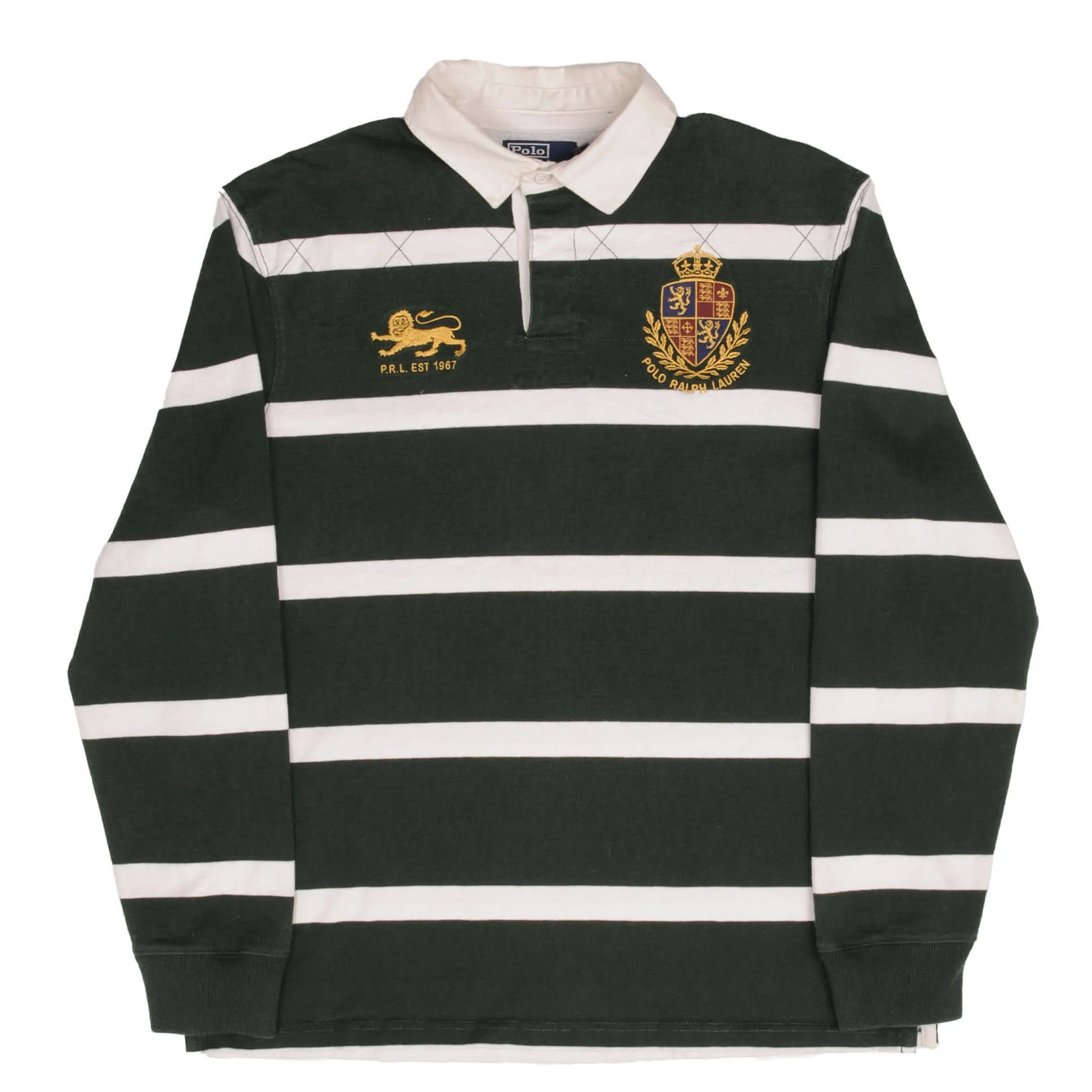 VINTAGE RALPH LAUREN GREEN WHITE STRIPED RUGBY POLO SHIRT 1990S SIZE XL