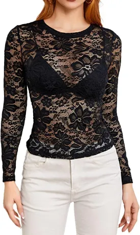 WDIRARA Women's Floral Embroidery Mesh Lace Round Neck Long Sleeve Top