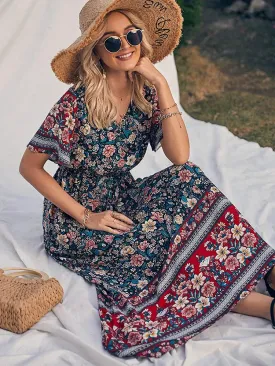 Wildara Lake Blue Floral Print Bohemian Maxi Dress