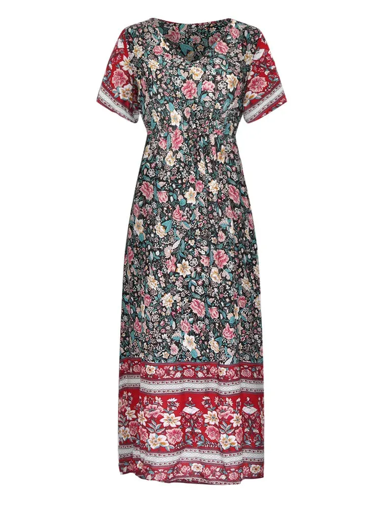 Wildara Lake Blue Floral Print Bohemian Maxi Dress