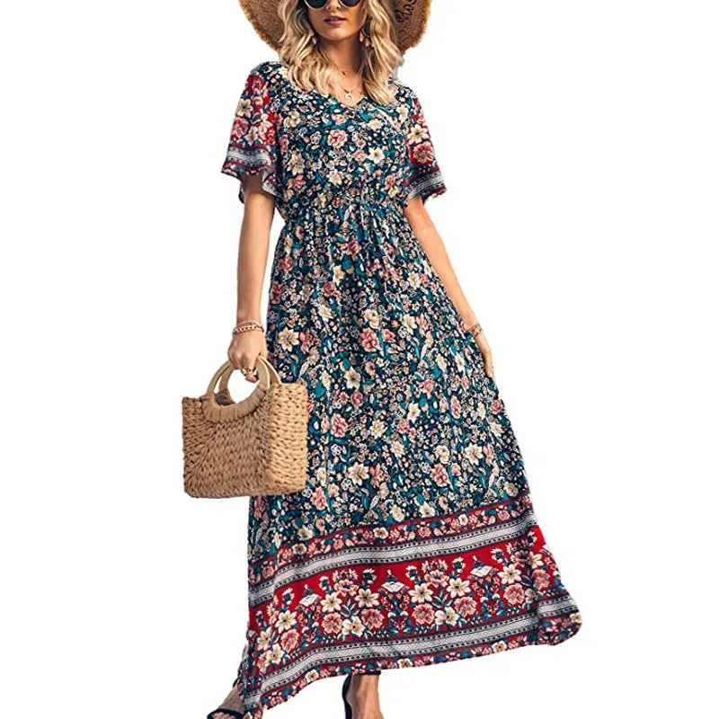 Wildara Lake Blue Floral Print Bohemian Maxi Dress