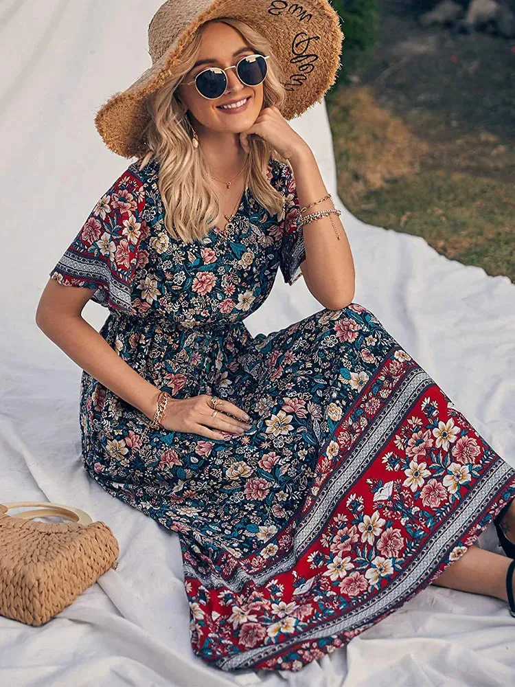 Wildara Lake Blue Floral Print Bohemian Maxi Dress