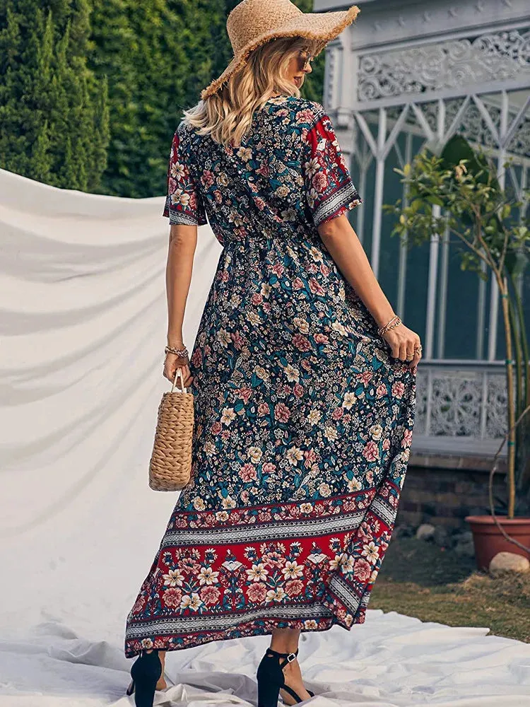 Wildara Lake Blue Floral Print Bohemian Maxi Dress