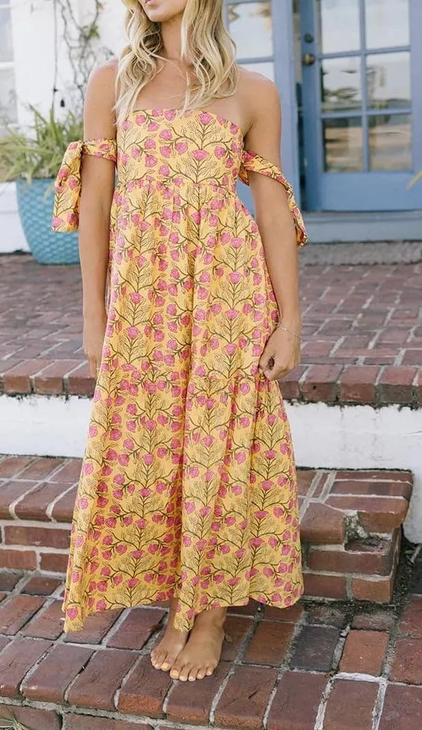 Women Tie Shoulder Maxi Dress Y2k Summer Floral Boho Long Dress Sleeveless Tiered Flowy Beach Sundress