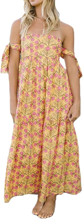 Women Tie Shoulder Maxi Dress Y2k Summer Floral Boho Long Dress Sleeveless Tiered Flowy Beach Sundress
