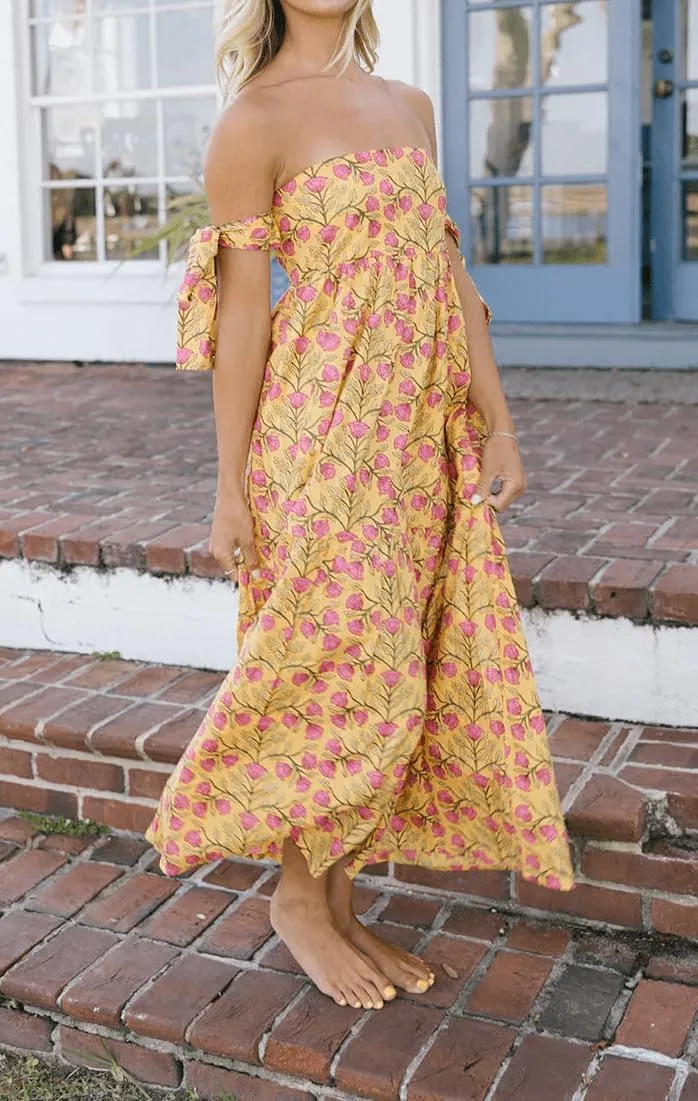 Women Tie Shoulder Maxi Dress Y2k Summer Floral Boho Long Dress Sleeveless Tiered Flowy Beach Sundress