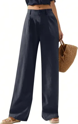 Women's Casual Wide Leg High Waisted Buckle Straight Leg Dressy Loose Fit Fashion Pants