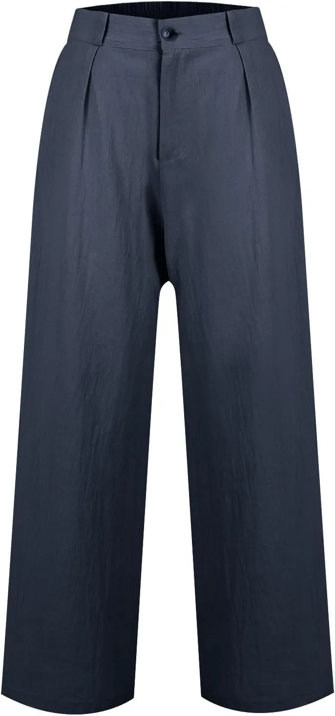 Women's Casual Wide Leg High Waisted Buckle Straight Leg Dressy Loose Fit Fashion Pants