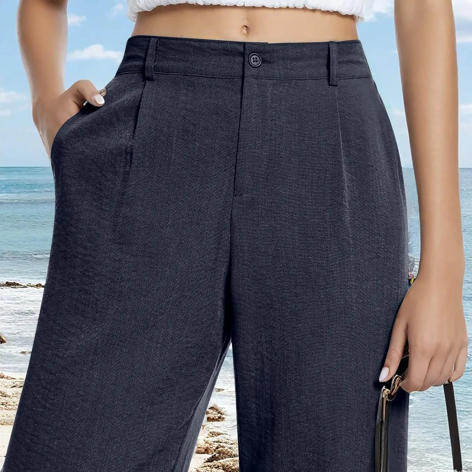 Women's Casual Wide Leg High Waisted Buckle Straight Leg Dressy Loose Fit Fashion Pants