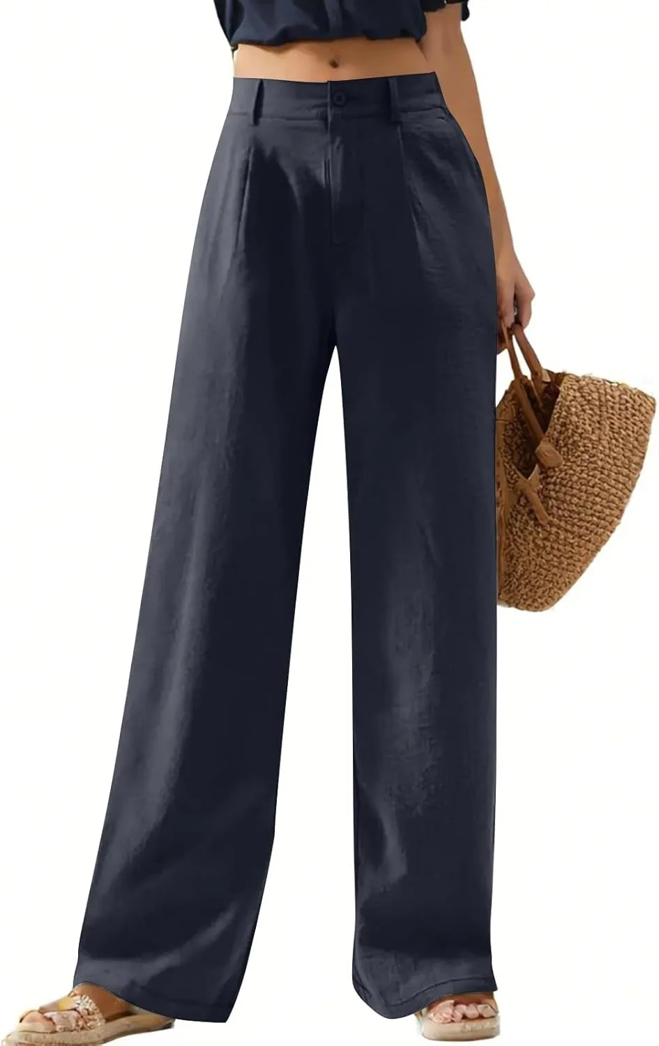Women's Casual Wide Leg High Waisted Buckle Straight Leg Dressy Loose Fit Fashion Pants