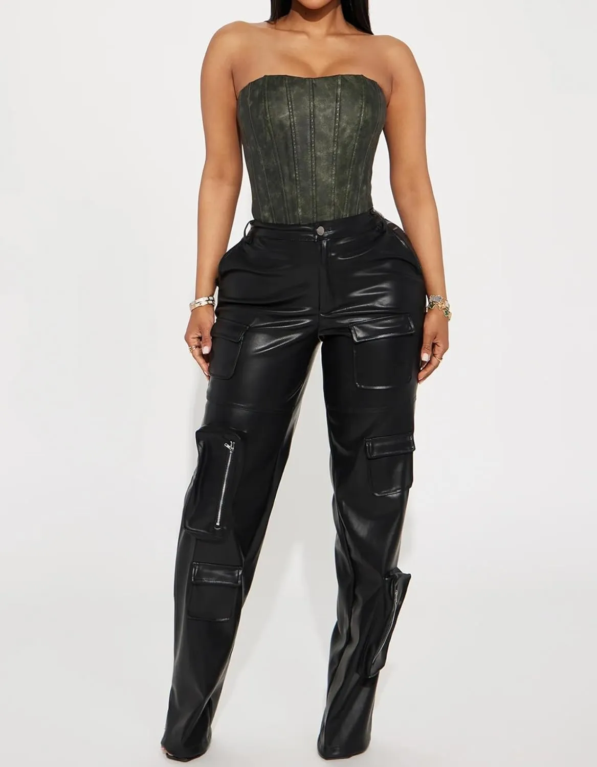 Women's Faux Leather Cargo Pants High Waisted Y2K Leggings Pants with Pockets