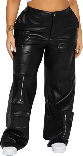 Women's Faux Leather Cargo Pants High Waisted Y2K Leggings Pants with Pockets