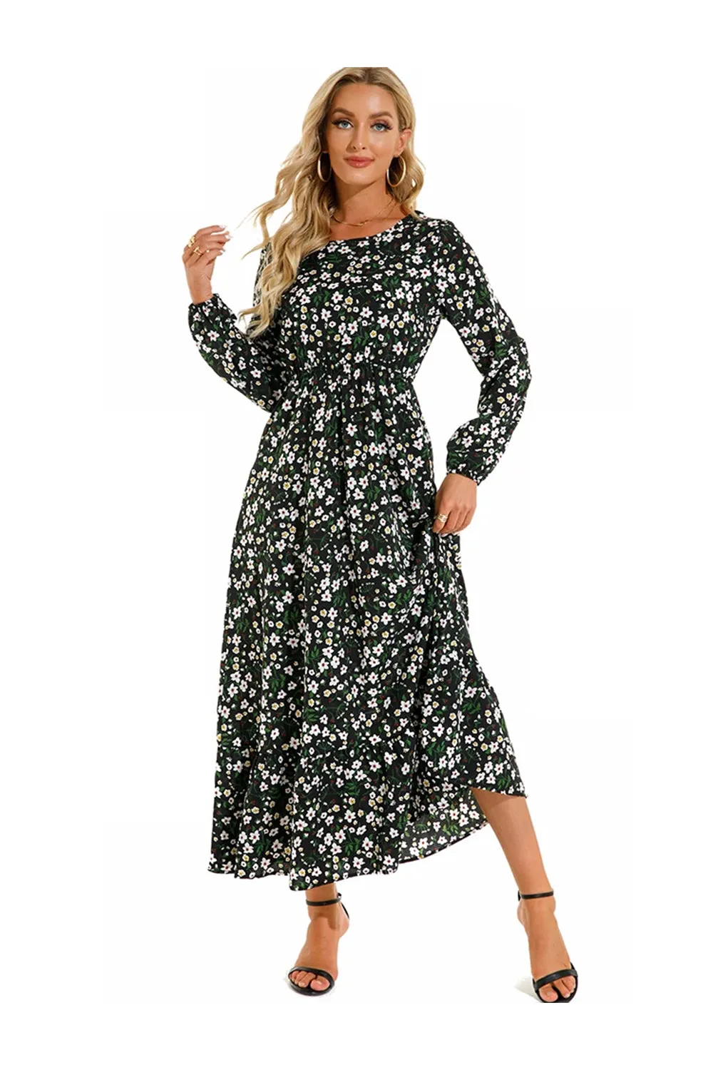 Women's Floral Puff Long Sleeve Chiffon Dress