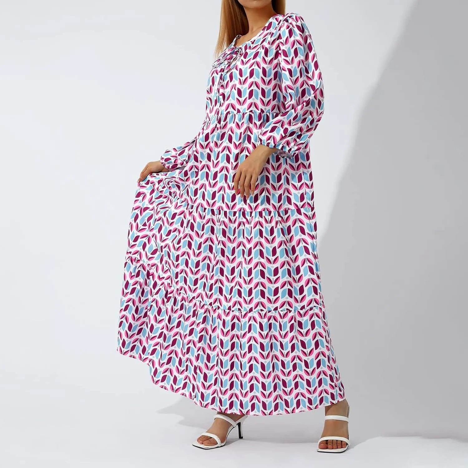 Women's Maxi Dress Boho Floral Puff Sleeve Tiered Sundress Casual Loose Fit Flares Bohemain Dresses