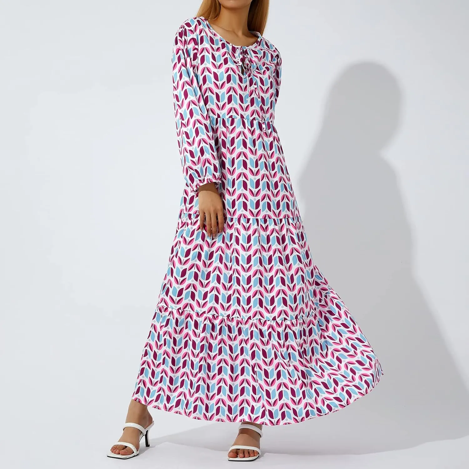 Women's Maxi Dress Boho Floral Puff Sleeve Tiered Sundress Casual Loose Fit Flares Bohemain Dresses