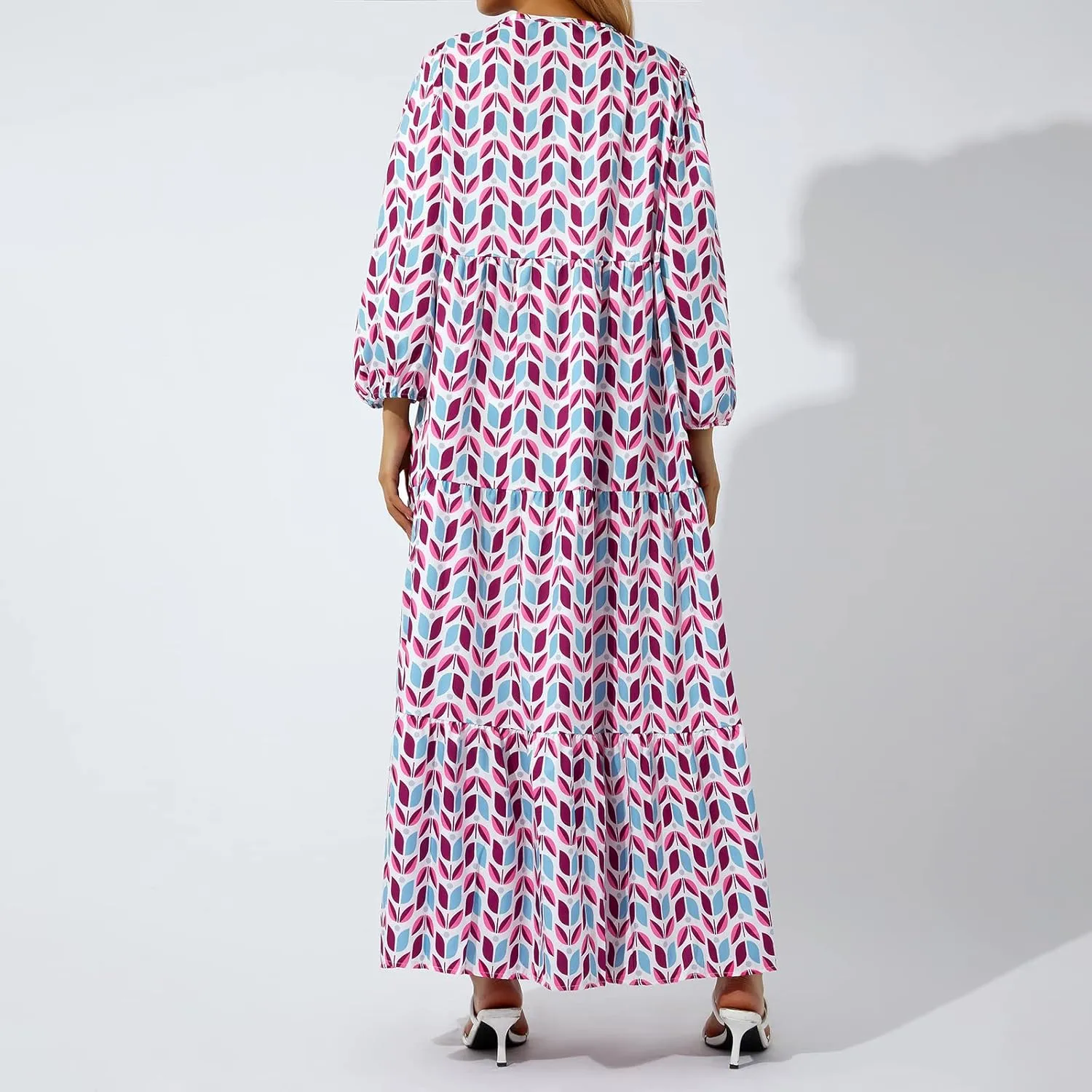 Women's Maxi Dress Boho Floral Puff Sleeve Tiered Sundress Casual Loose Fit Flares Bohemain Dresses