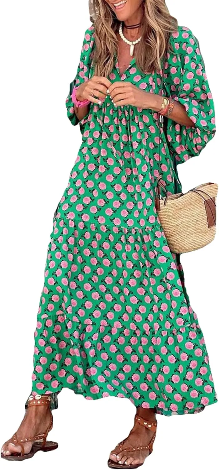Women's Maxi Dress Boho Floral Puff Sleeve Tiered Sundress Casual Loose Fit Flares Bohemain Dresses