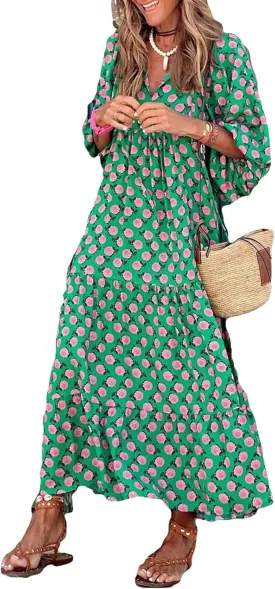 Women's Maxi Dress Boho Floral Puff Sleeve Tiered Sundress Casual Loose Fit Flares Bohemain Dresses