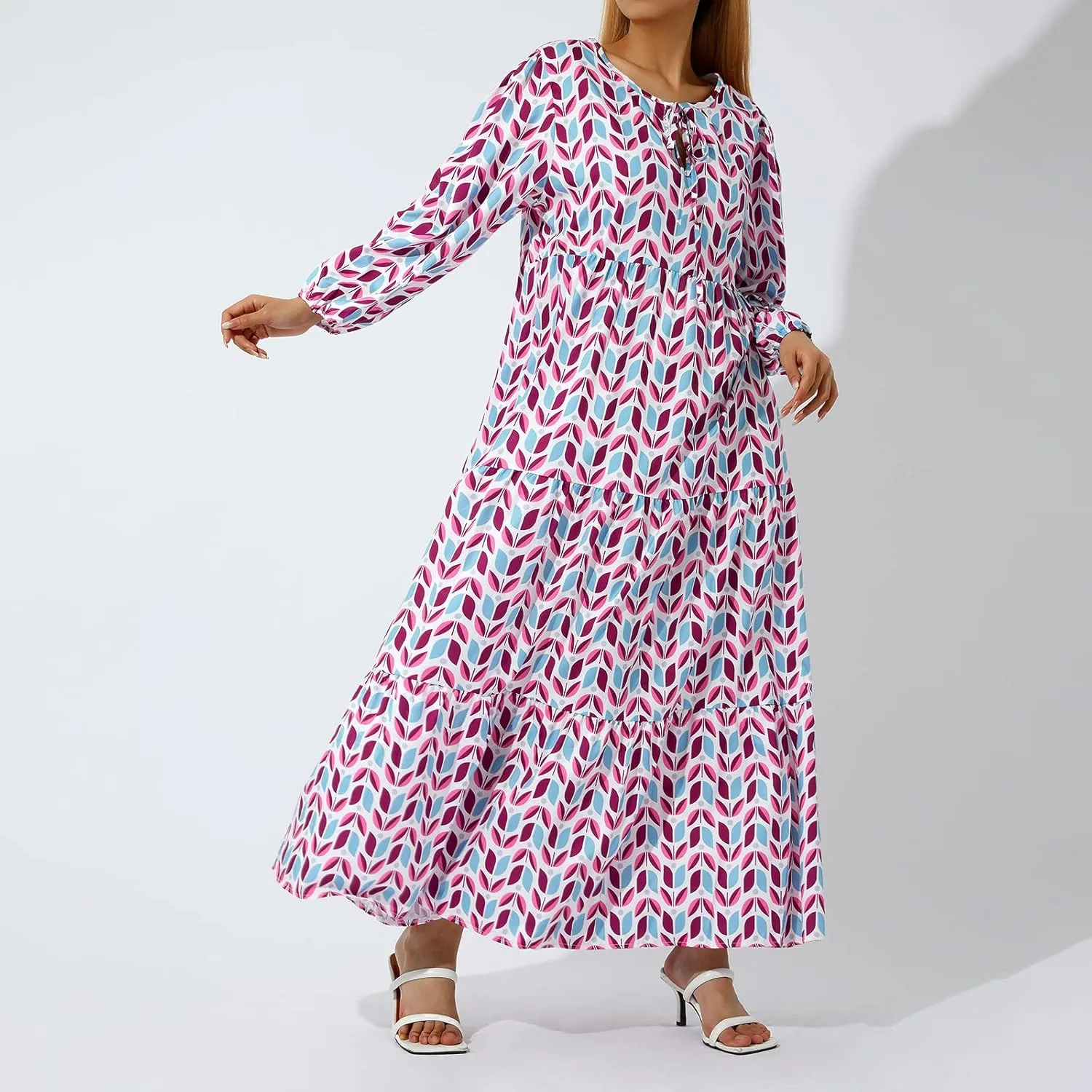 Women's Maxi Dress Boho Floral Puff Sleeve Tiered Sundress Casual Loose Fit Flares Bohemain Dresses