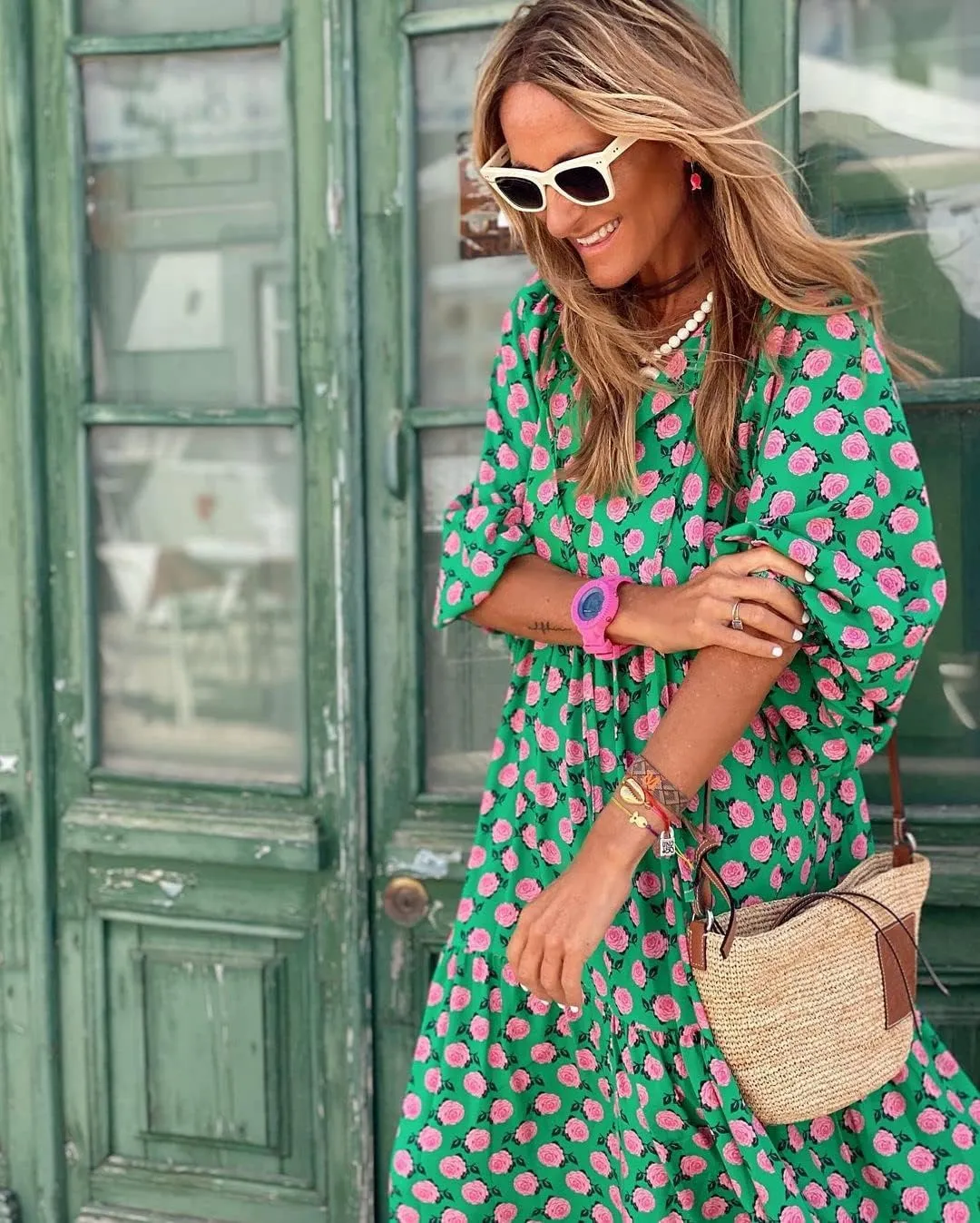 Women's Maxi Dress Boho Floral Puff Sleeve Tiered Sundress Casual Loose Fit Flares Bohemain Dresses