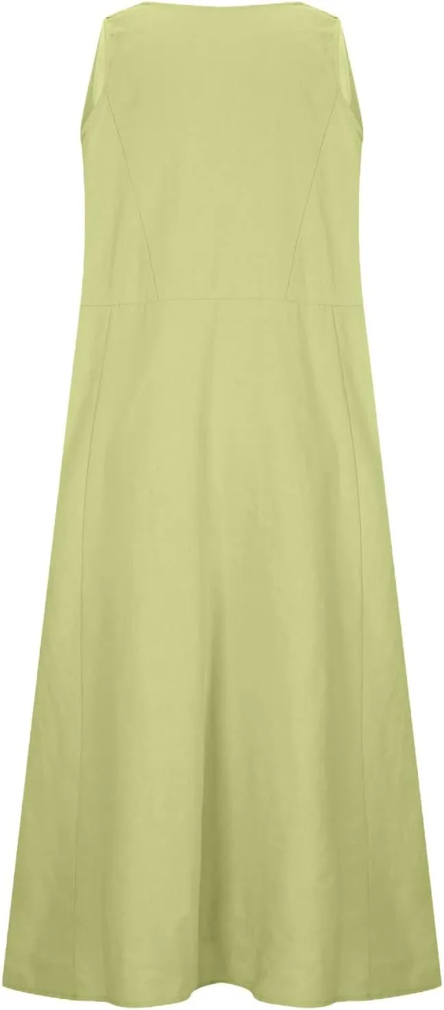 Women's Summer Cotton Linen Long Dress Sleeveless Elegant Flowy Dresses Plus Size Loose Comfy Dress with Pockets