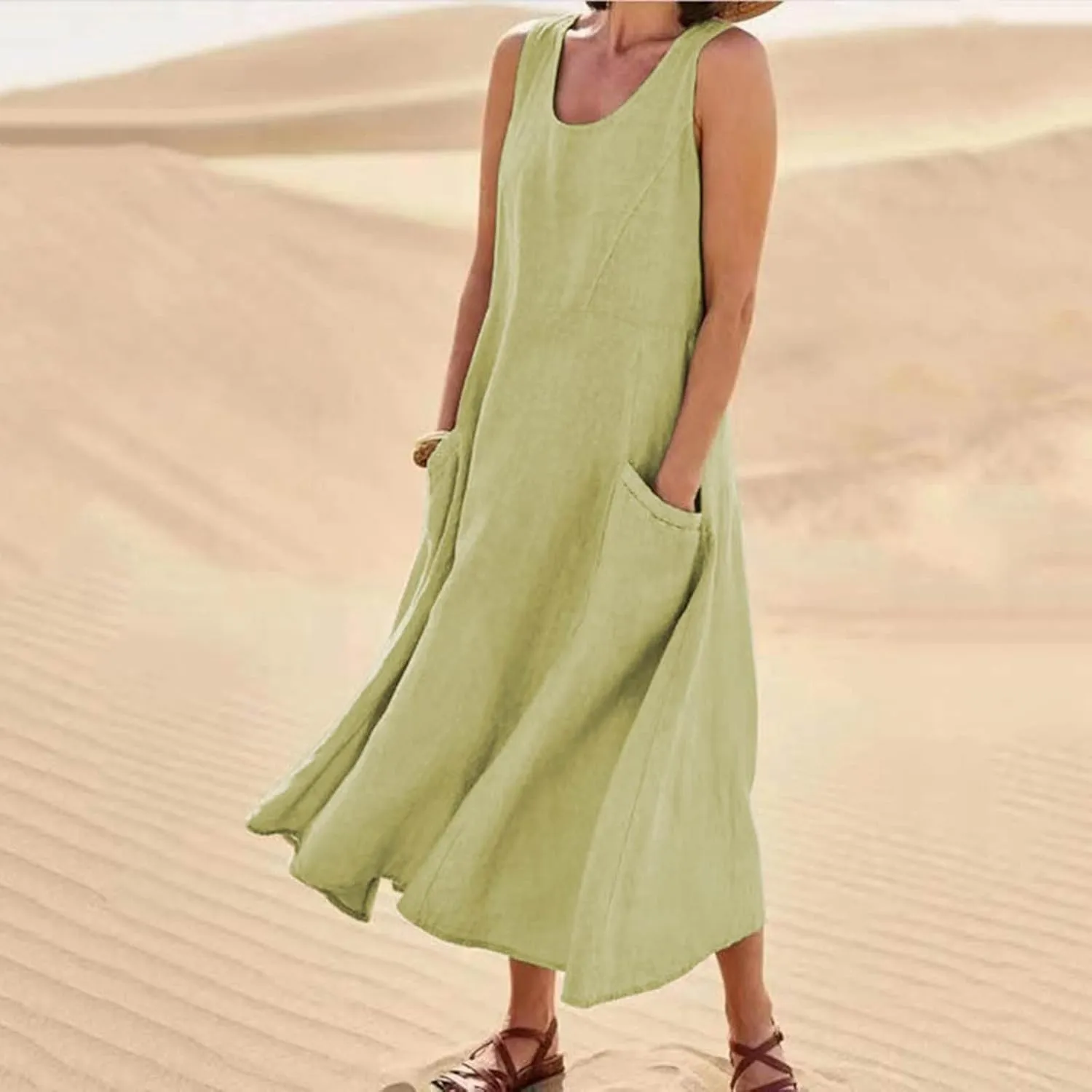 Women's Summer Cotton Linen Long Dress Sleeveless Elegant Flowy Dresses Plus Size Loose Comfy Dress with Pockets