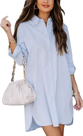 Zontroldy Shirt Dresses for Women Casual Loose Solid Striped Long Sleeve V Neck Button Down Shirts Dress