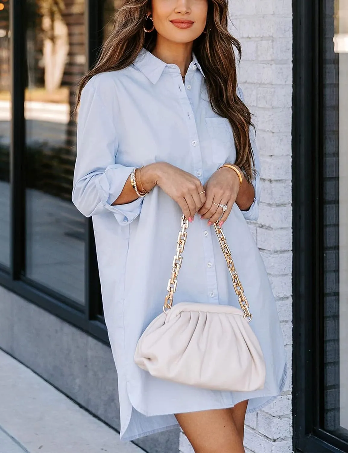 Zontroldy Shirt Dresses for Women Casual Loose Solid Striped Long Sleeve V Neck Button Down Shirts Dress