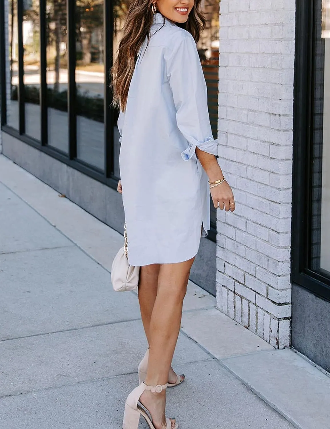 Zontroldy Shirt Dresses for Women Casual Loose Solid Striped Long Sleeve V Neck Button Down Shirts Dress