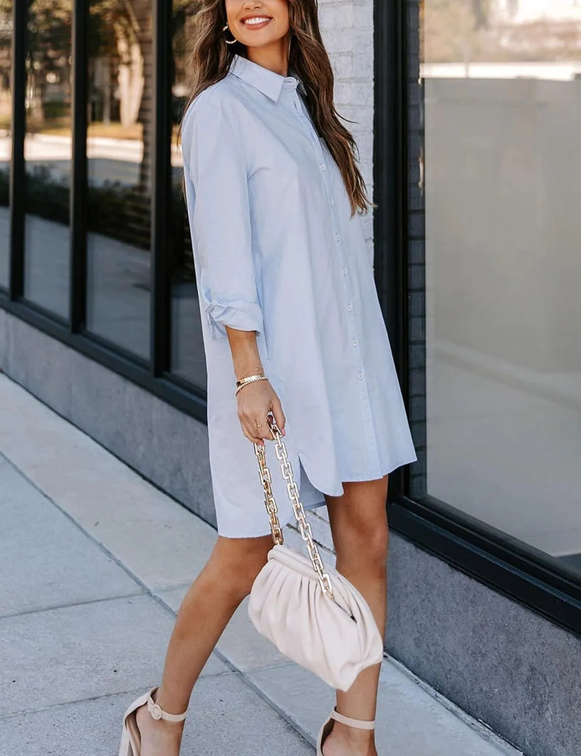 Zontroldy Shirt Dresses for Women Casual Loose Solid Striped Long Sleeve V Neck Button Down Shirts Dress