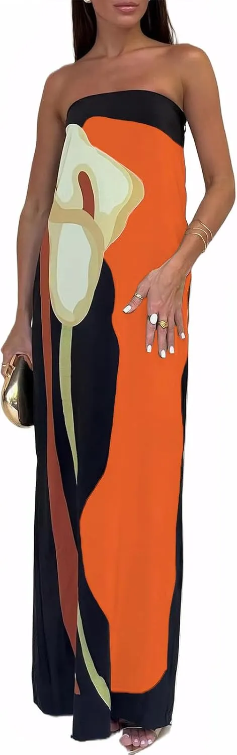 Zwirelz Women Strapless Maxi Dress Boho Floral Print Flowy Long Tube Dress Off Shoulder Loose Beach Sundress Long Tube Dress