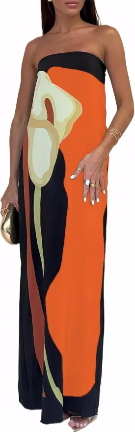 Zwirelz Women Strapless Maxi Dress Boho Floral Print Flowy Long Tube Dress Off Shoulder Loose Beach Sundress Long Tube Dress