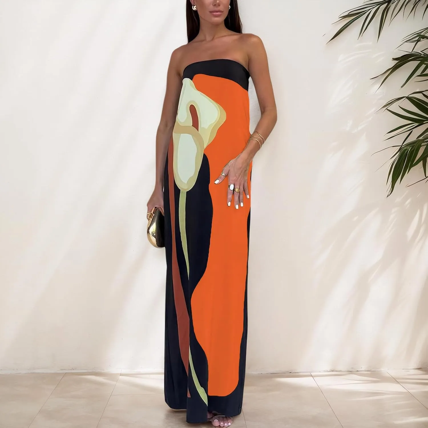 Zwirelz Women Strapless Maxi Dress Boho Floral Print Flowy Long Tube Dress Off Shoulder Loose Beach Sundress Long Tube Dress