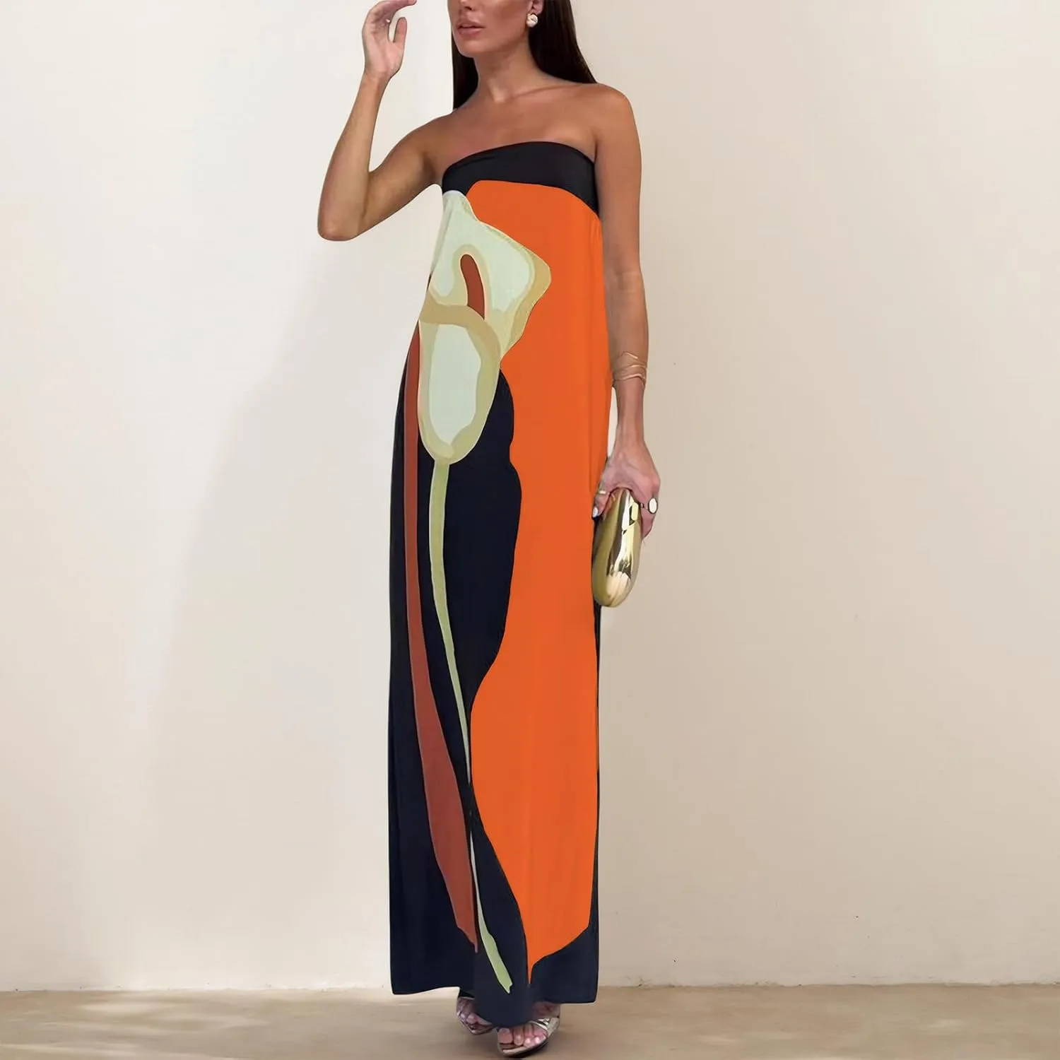 Zwirelz Women Strapless Maxi Dress Boho Floral Print Flowy Long Tube Dress Off Shoulder Loose Beach Sundress Long Tube Dress